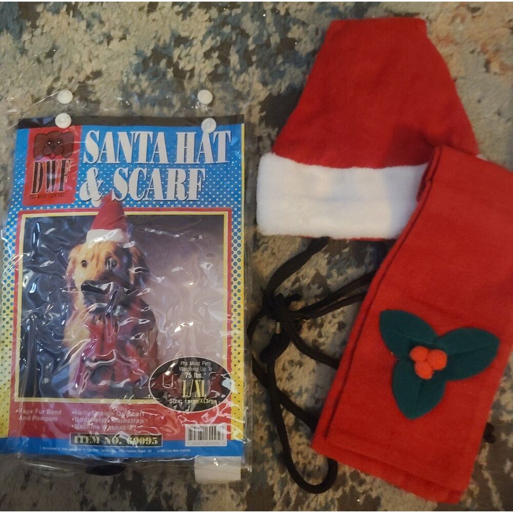 Vintage Pet Christmas Costume Santa Hat & Scarf for Pets Up to 75 lbs. L/XL
